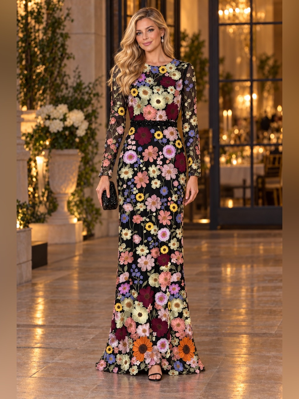 Mac Duggal 68201 Black Floral Embroidered Long Sleeve Gown Dress Size 4 NWT